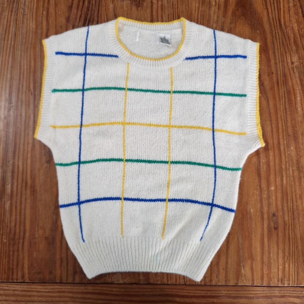 Women's White Striped Sweater‎ Vest Windowpane Vintage Silk Angora Small Preppy